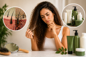Donna con capelli ricci che osserva i propri capelli allo specchio chiedendosi perché non migliorano