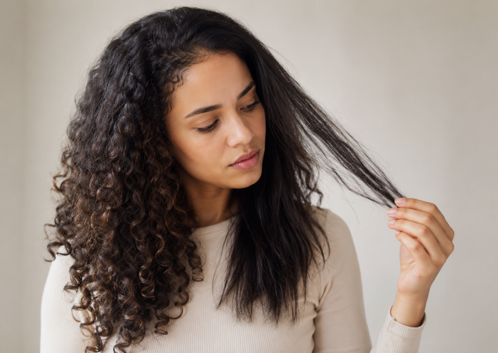 Donna con capelli ricci e ciocche più lisce mentre osserva il cambiamento della propria chioma