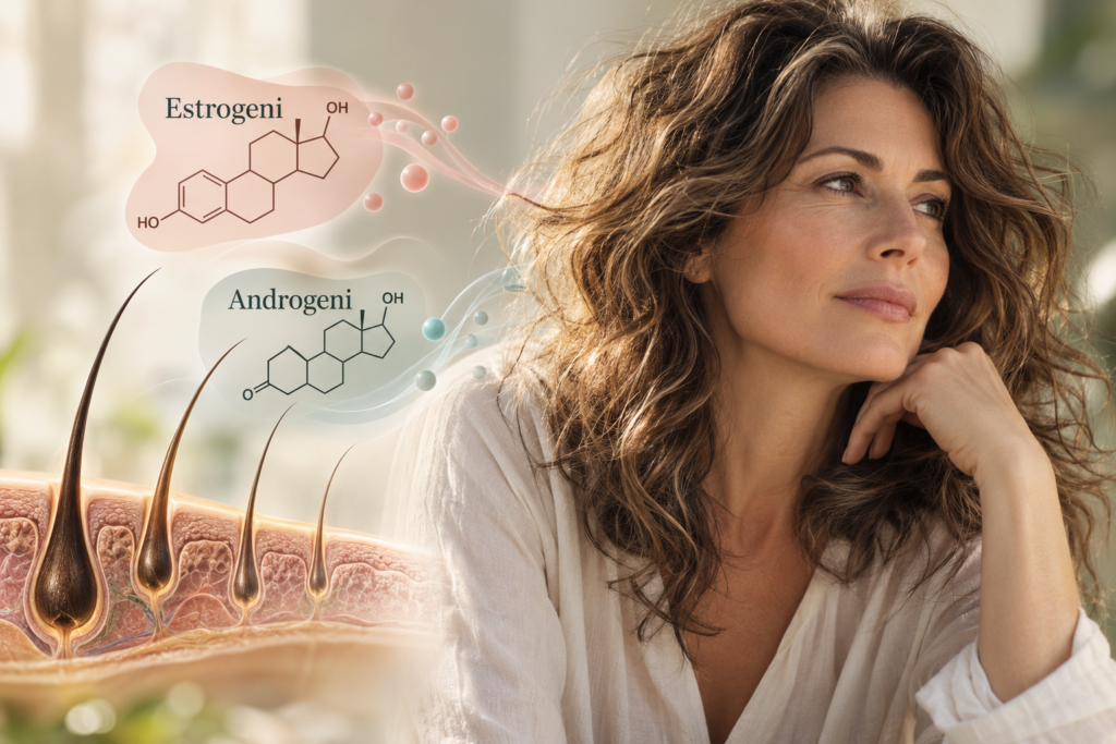 Donna in perimenopausa con capelli sottili, a rappresentare i cambiamenti della densità capillare legati alle variazioni ormonali.