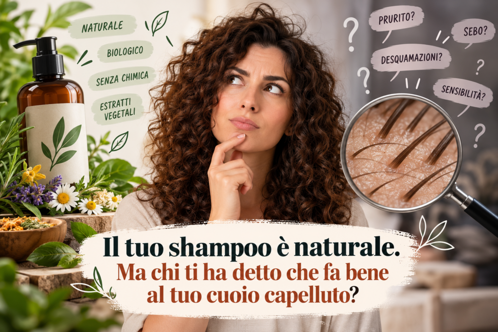 Donna con capelli ricci tra uno shampoo naturale e un'immagine ingrandita del cuoio capelluto, per spiegare perché naturale non significa necessariamente adatto alla cute.